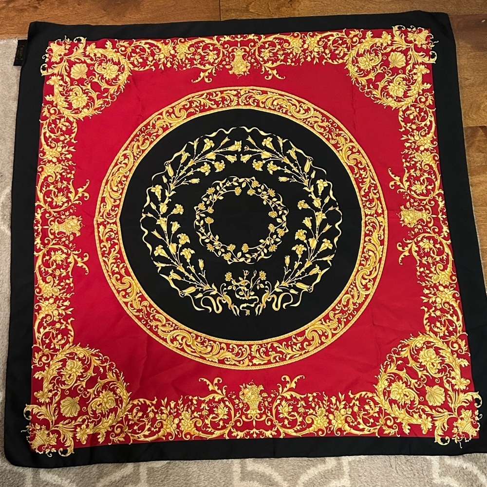 Luxurious Black and Red Scarf with Gold Detailing, Made in Italy